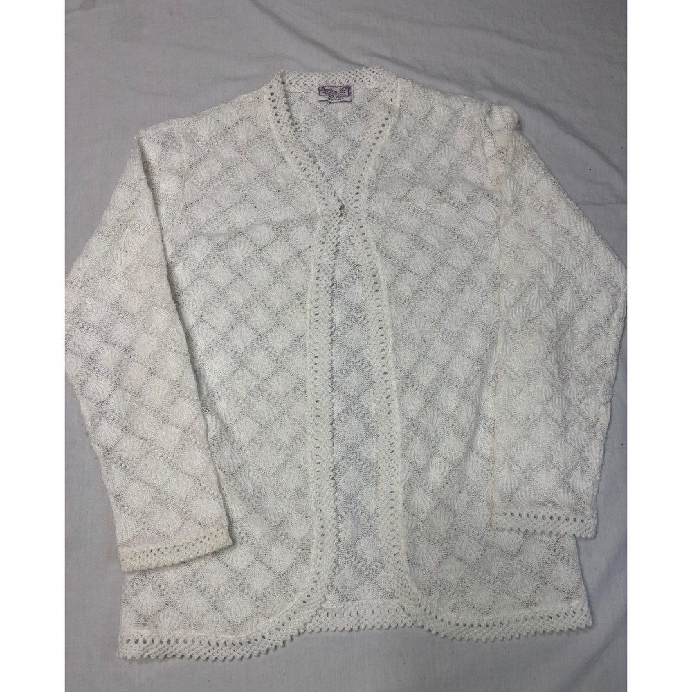 Vintage Barbara Lee White Pointelle Knit Cardigan Open Front Lace Trim Japan